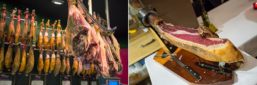 Spanish Ham, being cured on the left, being served in a restaurant on the right