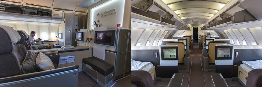 Left: A330-300 First Class cabin; Right: 747-400 Upstairs First Class cabin