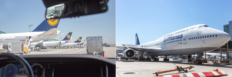 Left: Driving through the Frankfurt airport; Right: The 747-400 I will be taking back to Vancouver, from the tarmac